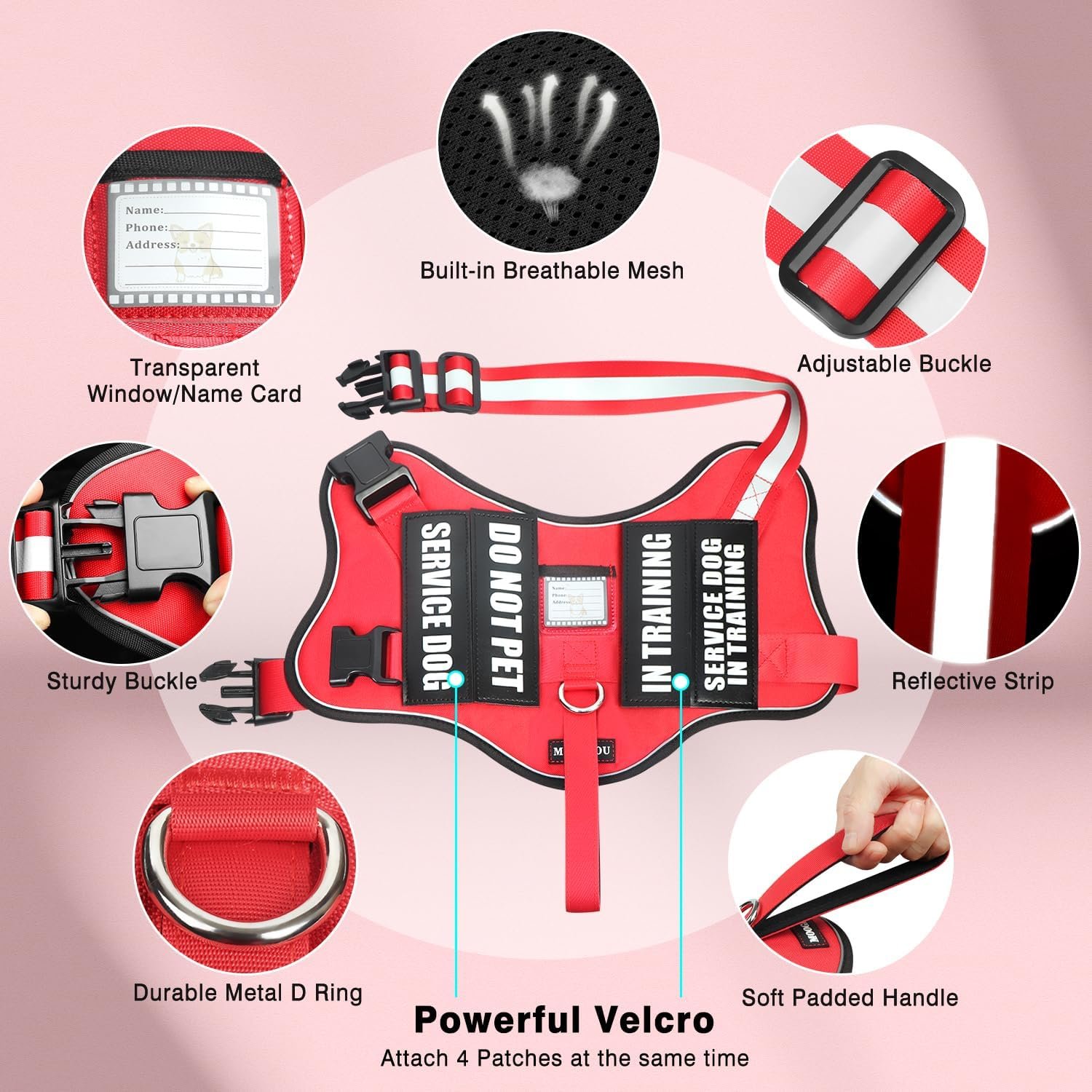 Service Dog Vest Harness and Leash Set+10 Patches,No Pull&Adjustable Reflective Dog Harness with Soft Padded Handle for Training/Everyday,Fit Small/Medium/Large/Extra-Large Dogs (Red S) - Image 5