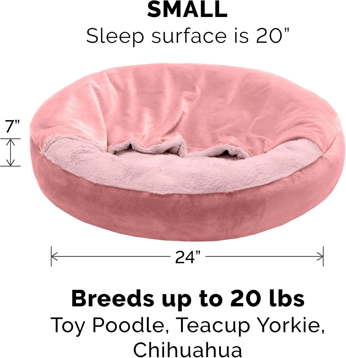 Furhaven 24" Round Calming Donut Dog Bed for Indoor Cats & Small Dogs, Washable, For Dogs Up to 20 lbs - Plush Velvet Waves Hooded Donut Bed - Rose Pink, Small - Image 2