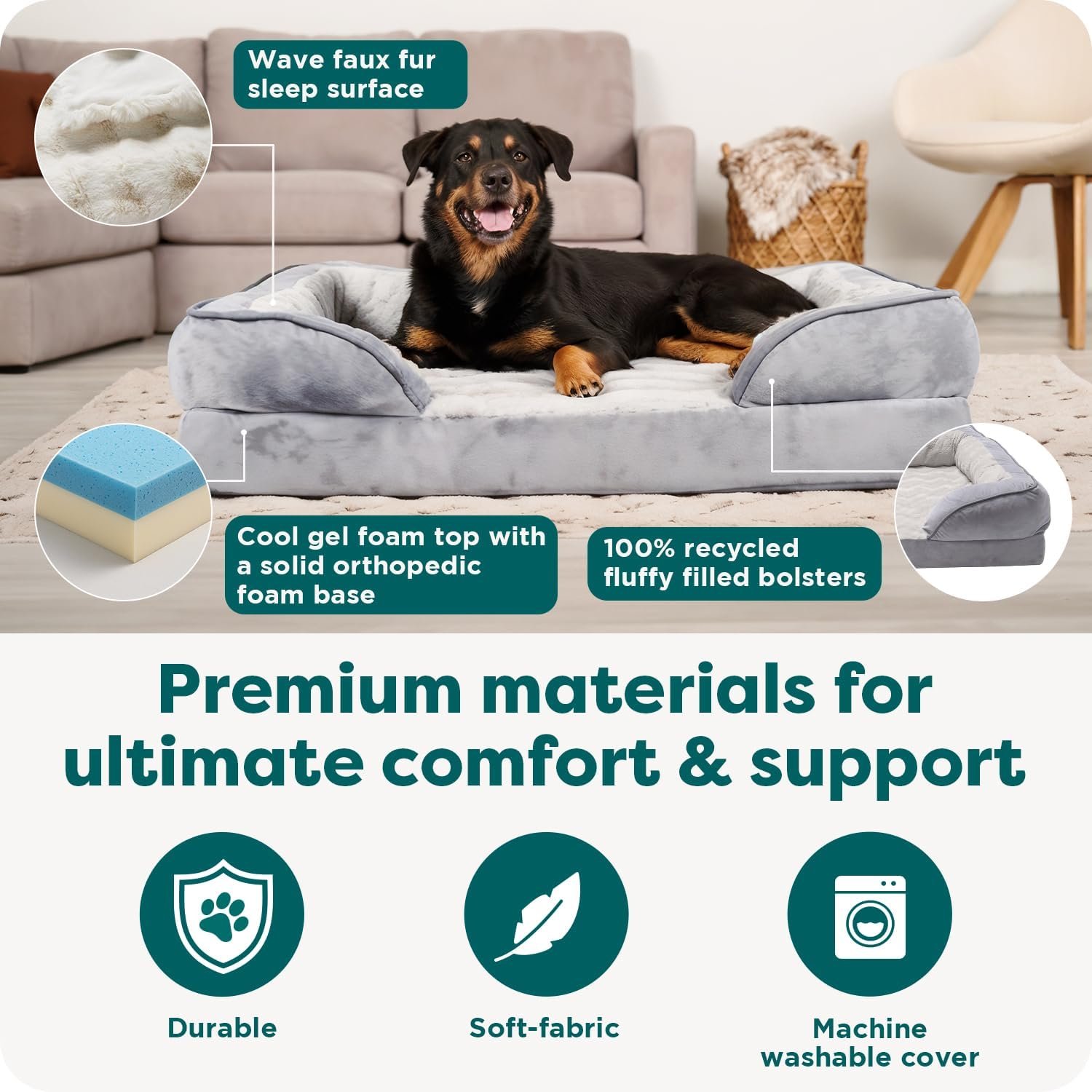 FurHaven Cooling Gel Dog Bed for Large Dogs, Comfort Sofa Bed with Cool Gel-Top Foam with a Solid Orthopedic Foam Base for Joint Support, Washable Cover, Jumbo XL, Plush & Velvet, Celadon Green. - Image 5