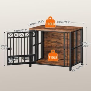 Alternative view of HOOBRO Foldable Dog Crate Furniture with 360° Rotating Double Bowls, Dog Crate End Table, Foldable for Travel, Holds 110 lb, for Small to Medium Dogs, Rustic Brown and Black BF61GW03