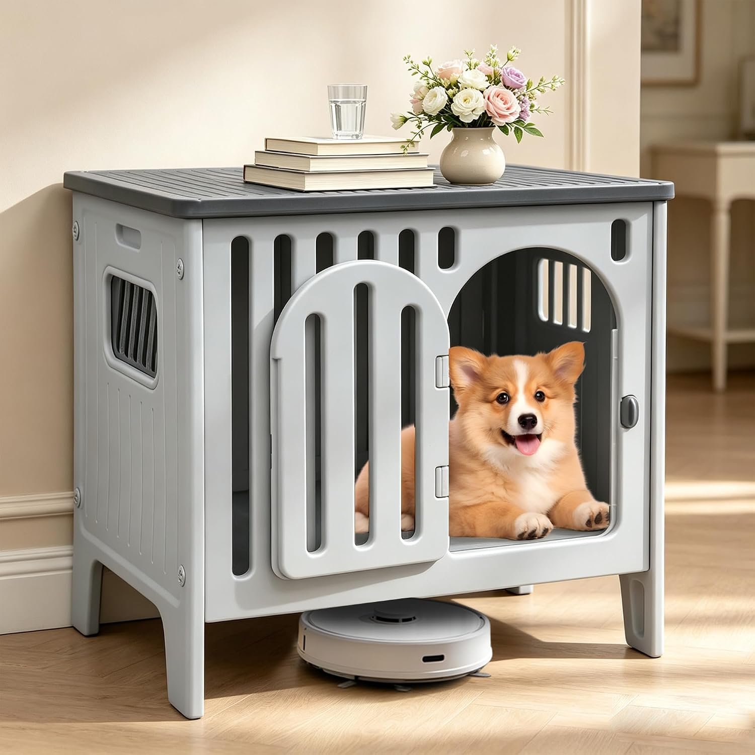 Dog Crate Furniture 26.8“ Plastic Dog Kennel Indoor for Medium and Small Dogs Cage Table