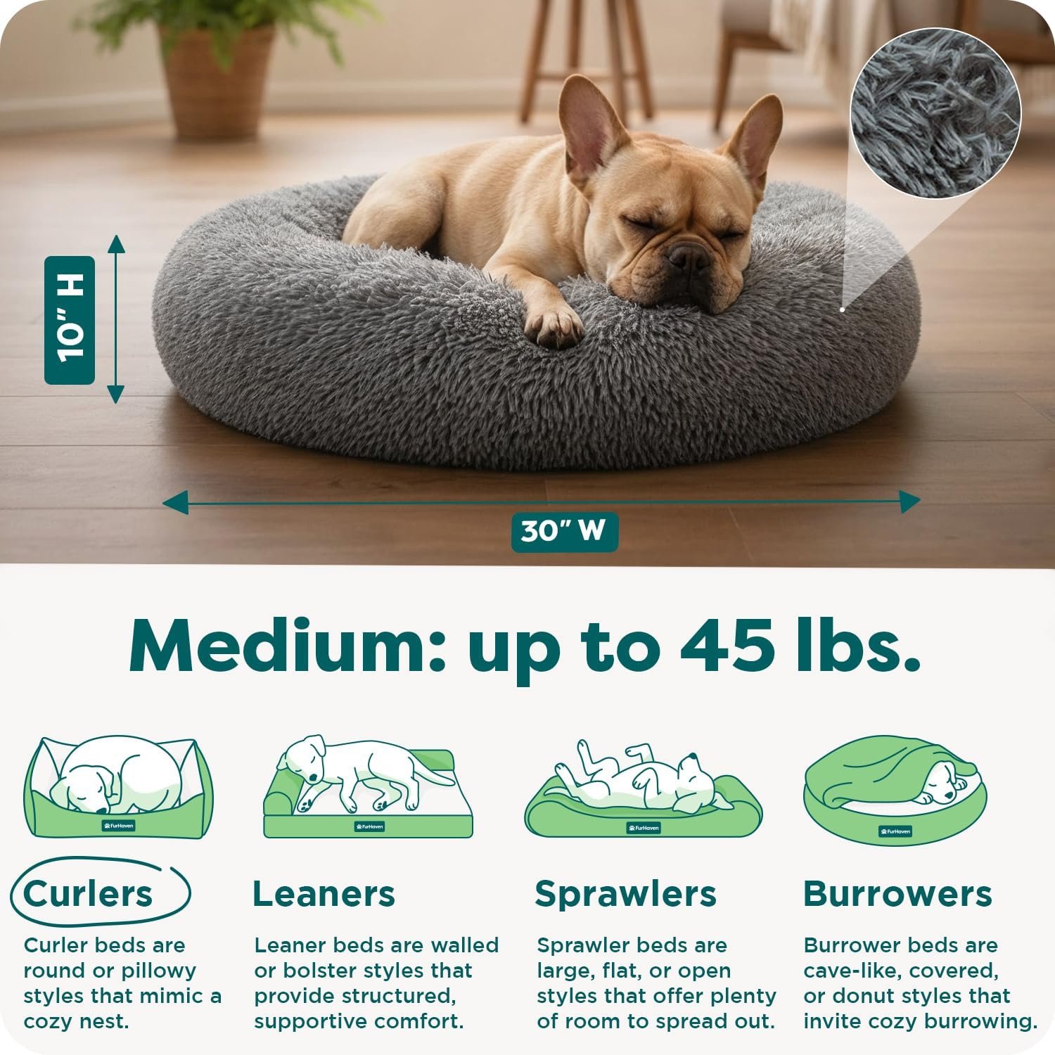 Furhaven 30" Round Calming Donut Dog Bed for Medium/Small Dogs, Refillable w/ Removable Washable Cover, For Dogs Up to 45 lbs - Shaggy Plush Long Faux Fur Donut Bed - Gray, Medium - Image 3