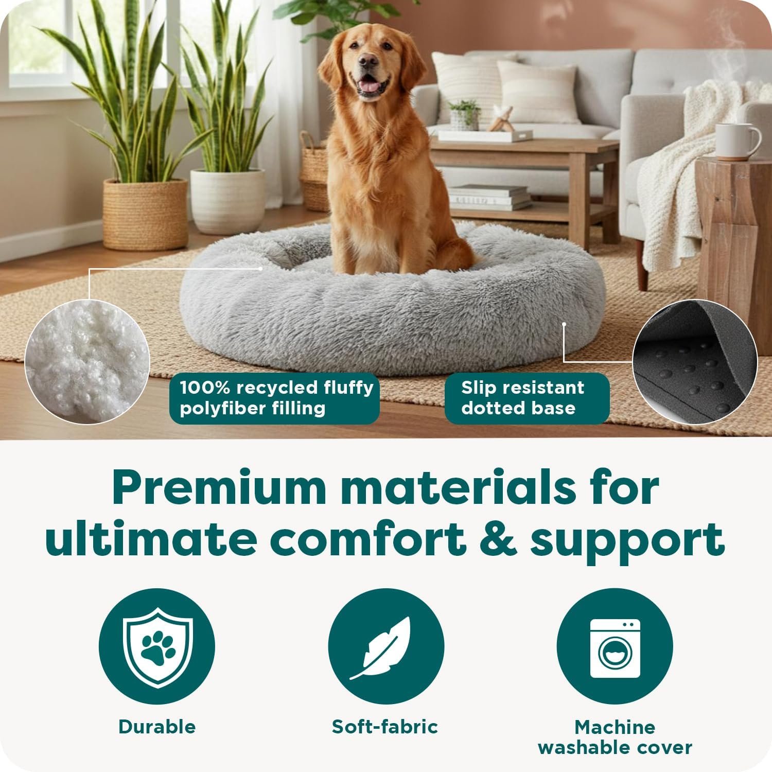 Furhaven 30" Round Calming Donut Dog Bed for Medium/Small Dogs, Refillable w/ Removable Washable Cover, For Dogs Up to 45 lbs - Shaggy Plush Long Faux Fur Donut Bed - Gray, Medium - Image 5
