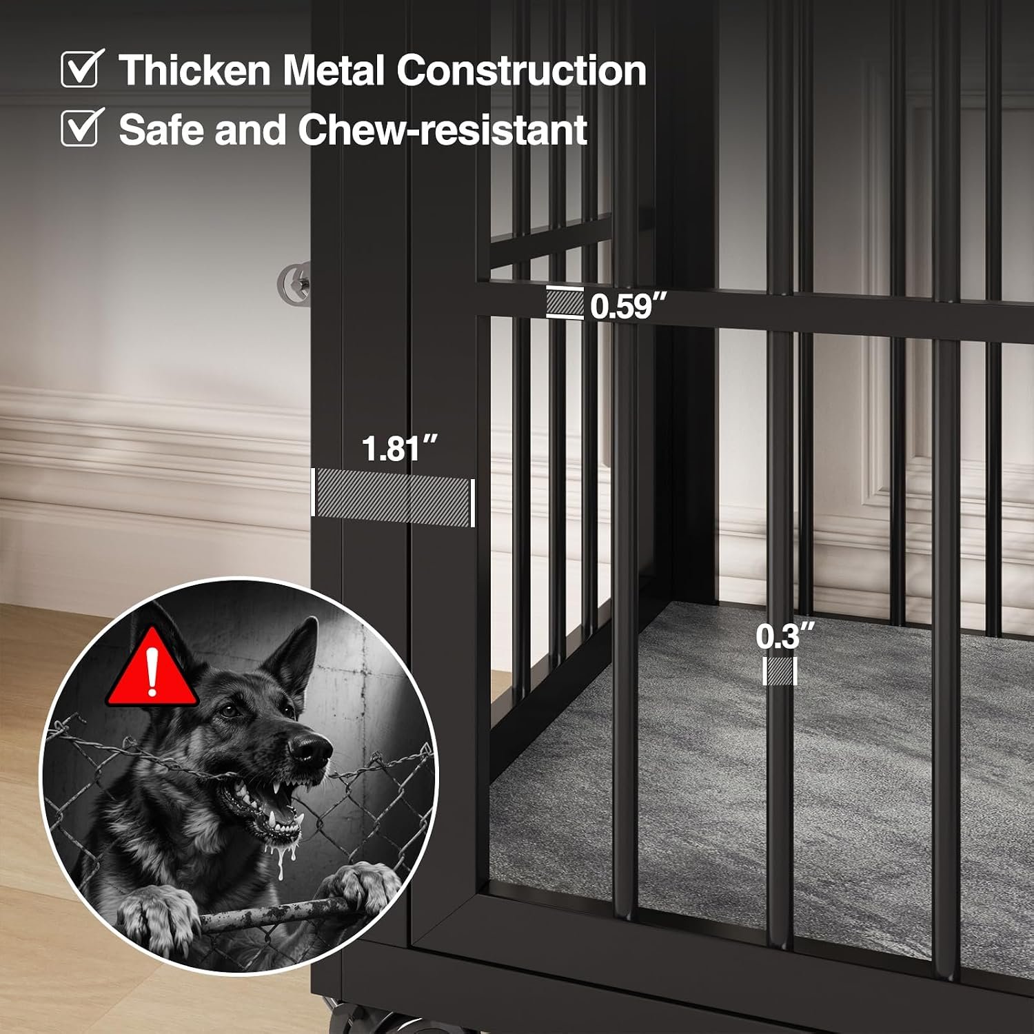39.4" Dog Crate Furniture for Medium and Large Breed, Dog Kennel Furniture with Storage Shelf & Lockable Wheels, Heavy Duty Wooden End Side Table Pet Cage Indoor, Chew-Resistant, Grey - Image 3