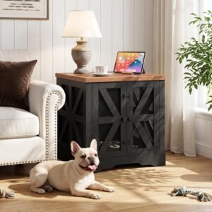 HOOBRO Dog Crate Furniture for Small to Medium Dogs, Dog Kennel Indoor with Barn Doors, Pet Cage Side End Table for Living Room, Bedroom, Black and Walnut BH60GW03