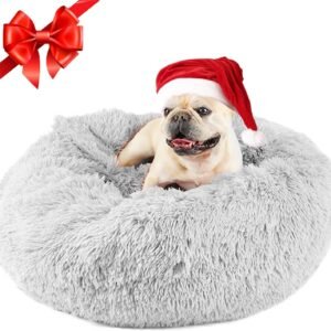 26in Covered Dog Bed with Blanket Attached Calming Burrow Light Grey