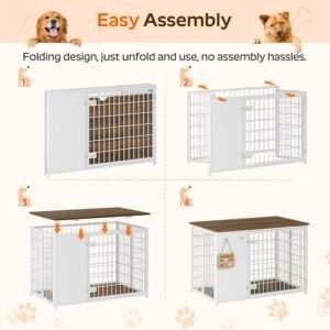 Alternative view of YATINEY Foldable Dog Crate Furniture, Dog Crate with DIY Frame, Heavy Duty Dog Kennel Indoor with Hooks, Wooden Dog Cage End Table, for Small/Medium Dogs, White and Walnut DC95WH