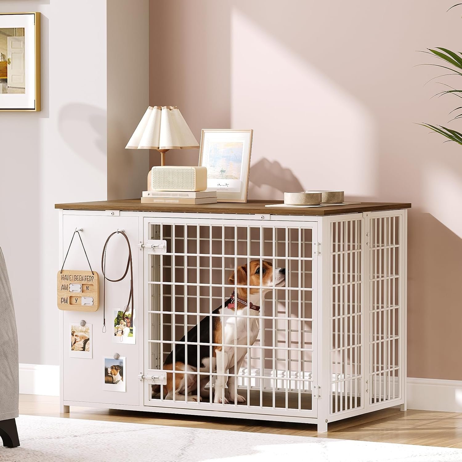 YATINEY Foldable Dog Crate Furniture, Dog Crate with DIY Frame, Heavy Duty Dog Kennel Indoor with Hooks, Wooden Dog Cage End Table, for Small/Medium Dogs, White and Walnut DC95WH - Image 7