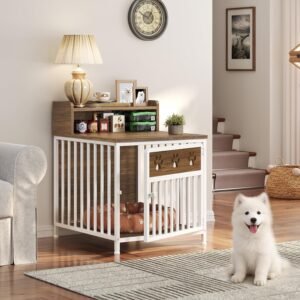 Alternative view of YATINEY Dog Crate Furniture, Wooden Dog Kennel with Storage, Indoor Pet Crate End Table, Two-Tier Small Dogs House, Chew-Proof, for Living Room, Bedroom, White and Walnut DC01WH