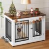 YITAHOME 35" Dog Crate Furniture, Wooden Side End Table with Adjustable Feet and Removable Bowls, Dog Kennel Indoor for Small Medium DogsV