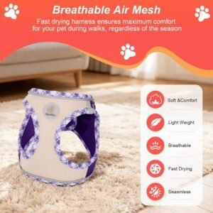 Alternative view of Hipubby Dog Harness Small Sized and Leash Set, No Pull Soft Mesh Puppy Vest, Reflective Breathable Lightweight Pet Harness, Harness for Small Medium Dogs and Cats - Purple/White Trim, XS