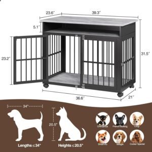 Alternative view of 39.4" Dog Crate Furniture for Medium and Large Breed, Dog Kennel Furniture with Storage Shelf & Lockable Wheels, Heavy Duty Wooden End Side Table Pet Cage Indoor, Chew-Resistant, Grey