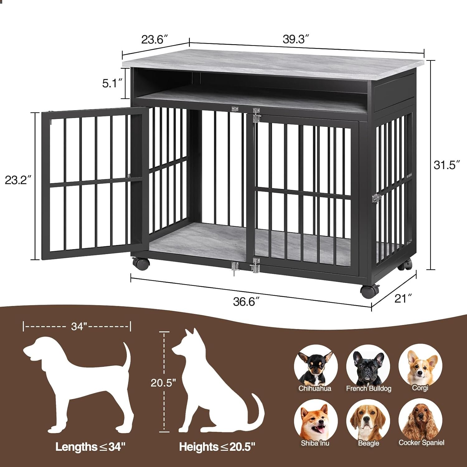39.4" Dog Crate Furniture for Medium and Large Breed, Dog Kennel Furniture with Storage Shelf & Lockable Wheels, Heavy Duty Wooden End Side Table Pet Cage Indoor, Chew-Resistant, Grey - Image 2
