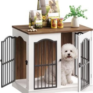 HOOBRO 26.8" Wooden Dog Crate Furniture, Heavy Duty Dog Crate Indoor with 3 Doors, Dog Cage for Small/Medium Dogs, Decorative Pet House Side End Table TV Stand, White and Walnut WH64GW03