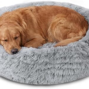 JOLLYVOGUE Calming Dog Bed Medium Size Dog, 31in Donut Washable Medium Pet Bed, Anti-Slip & Anti-Anxiety Fluffy Faux Fur Round Dogs Bed, Fits up to 45 lbs Pets (Smoke Grey)