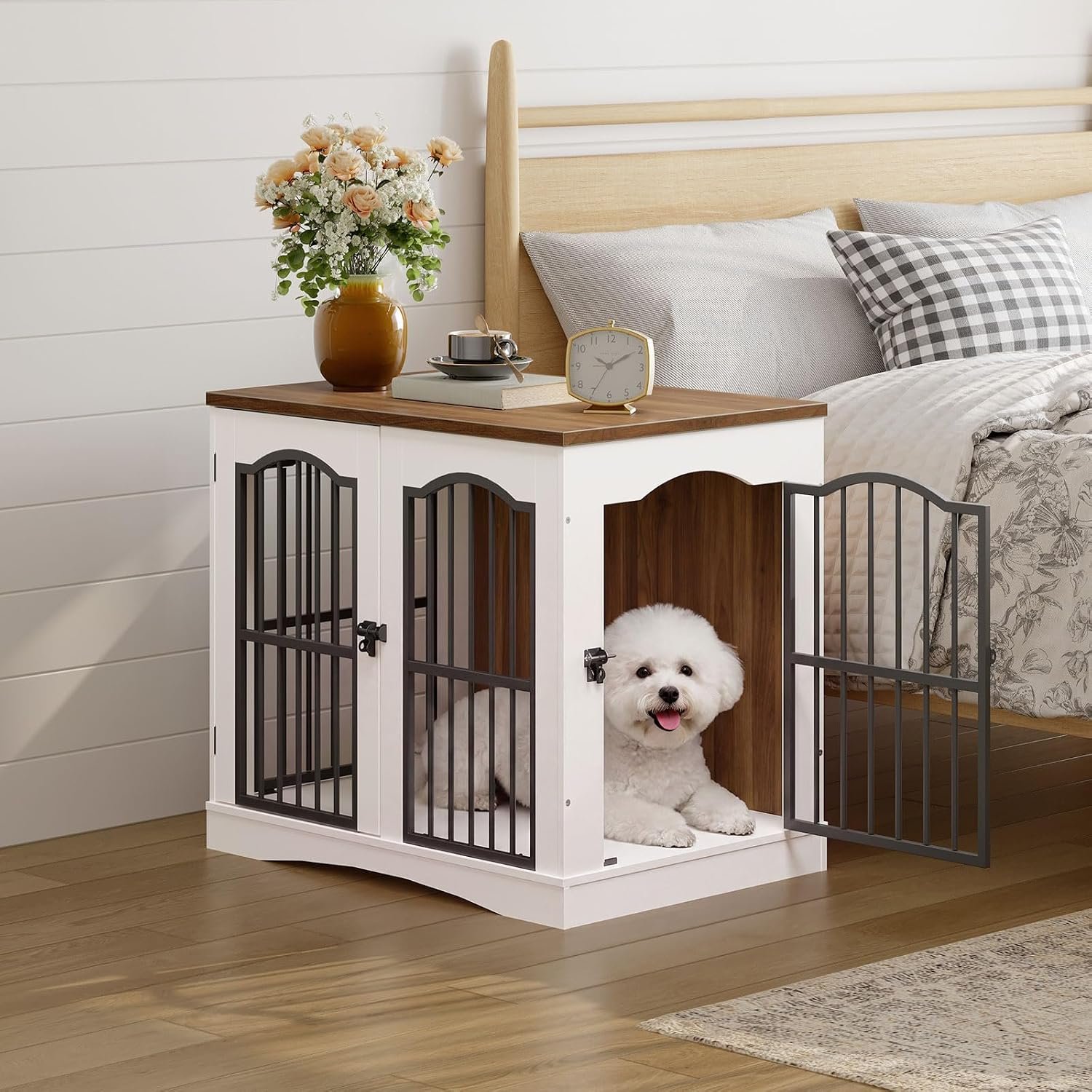 HOOBRO 26.8" Wooden Dog Crate Furniture, Heavy Duty Dog Crate Indoor with 3 Doors, Dog Cage for Small/Medium Dogs, Decorative Pet House Side End Table TV Stand, White and Walnut WH64GW03 - Image 8