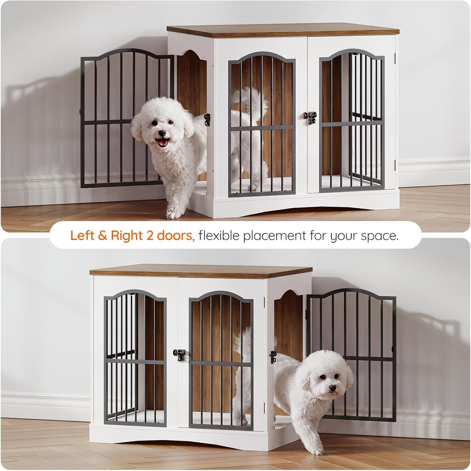HOOBRO 26.8" Wooden Dog Crate Furniture, Heavy Duty Dog Crate Indoor with 3 Doors, Dog Cage for Small/Medium Dogs, Decorative Pet House Side End Table TV Stand, White and Walnut WH64GW03 - Image 4