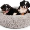 Premium Medium Donut Dog Bed, Fits Up to 45 lbs, Machine Washable Cushion, Plush Long Pile Faux Fur Fabric, Portable Light Gray Pet Bed Furniture for Puppies Adult Canines & Cats