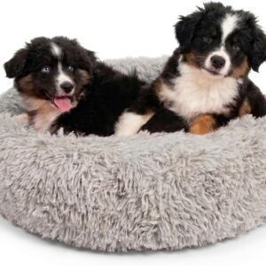 Premium Medium Donut Dog Bed, Fits Up to 45 lbs, Machine Washable Cushion, Plush Long Pile Faux Fur Fabric, Portable Light Gray Pet Bed Furniture for Puppies Adult Canines & Cats