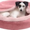 Furhaven 24" Round Calming Donut Dog Bed for Indoor Cats & Small Dogs, Washable, For Dogs Up to 20 lbs - Plush Velvet Waves Hooded Donut Bed - Rose Pink, Small