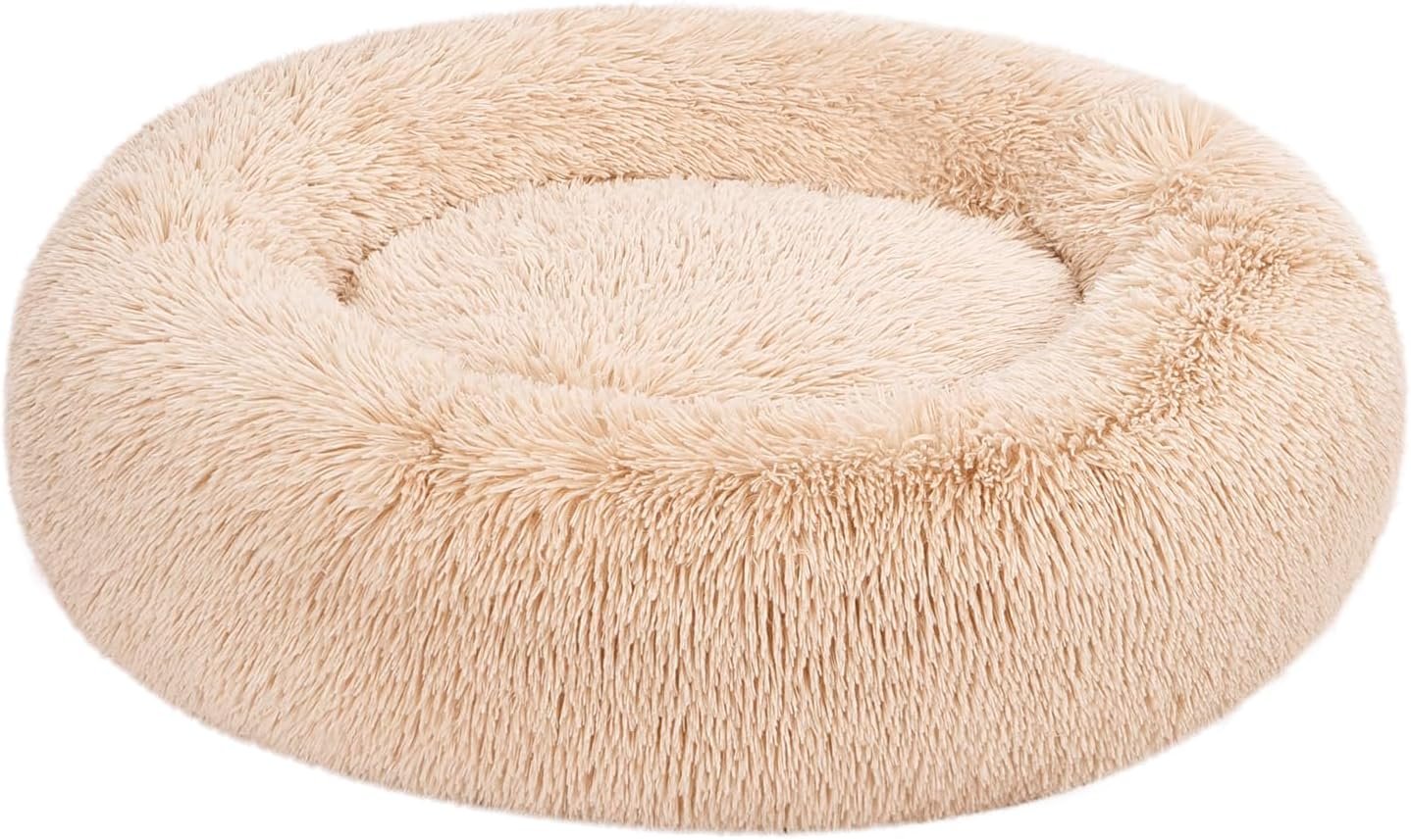 Amazon Basics Washable Donut Pet Bolster Faux Fur Bed with Removable Cover, Anti-Slip Bottom for Dog, Beige, 36" x 36"