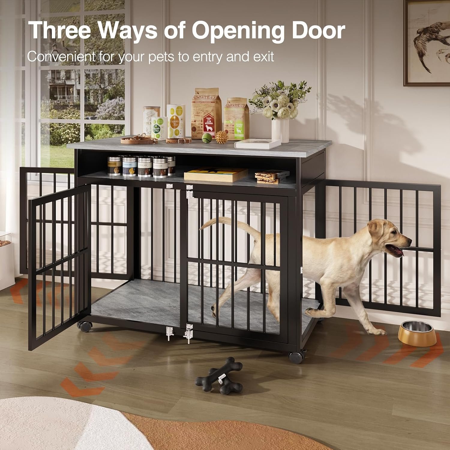 39.4" Dog Crate Furniture for Medium and Large Breed, Dog Kennel Furniture with Storage Shelf & Lockable Wheels, Heavy Duty Wooden End Side Table Pet Cage Indoor, Chew-Resistant, Grey - Image 5