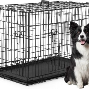 FDW XL Dog Crate Dog Kennel Cage with Double Door,42 inch Folding Metal Wire Dog Cage with Removable Tray&Divider Panel,Pet Crate for Medium Large Dogs,Black