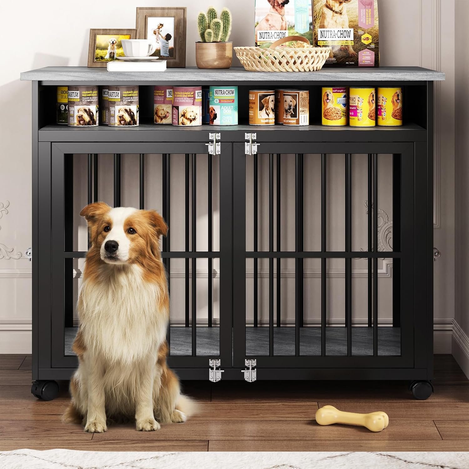 39.4" Dog Crate Furniture for Medium and Large Breed, Dog Kennel Furniture with Storage Shelf & Lockable Wheels, Heavy Duty Wooden End Side Table Pet Cage Indoor, Chew-Resistant, Grey - Image 7
