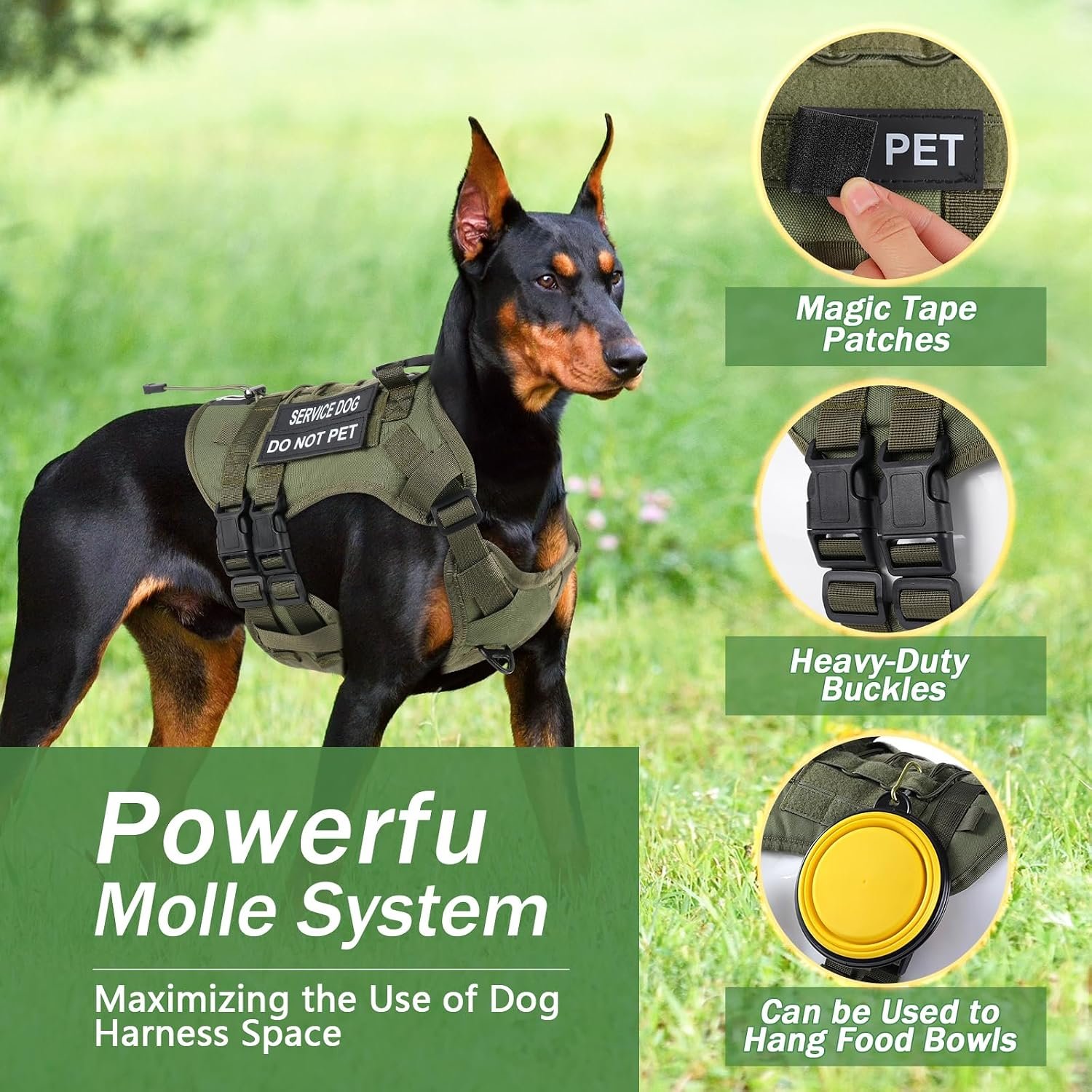 No Pull Tactical Dog Harness Medium Sized Dog, Service Dog Vest, M,Green - Image 3