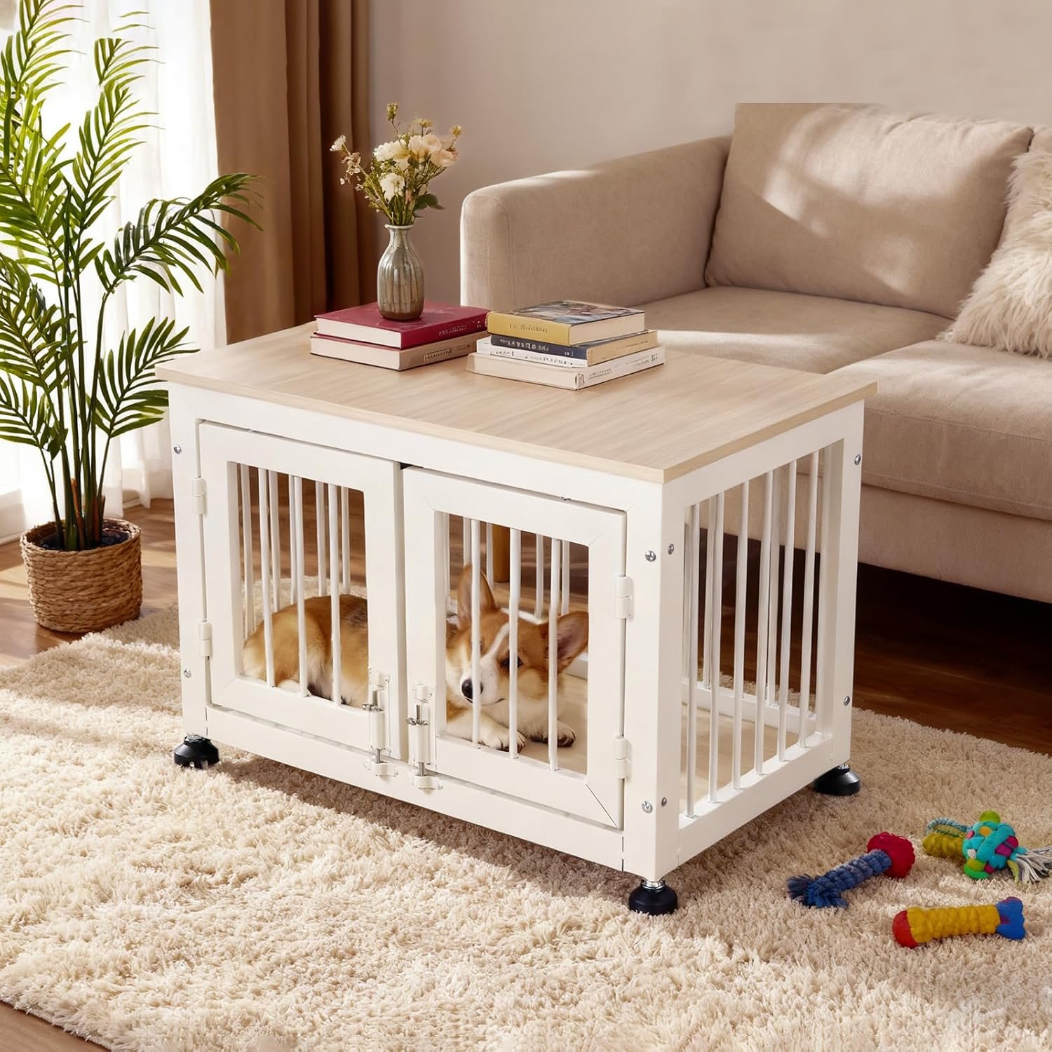 26 Inch Dog Crate Furniture, Heavy Duty Dog Crate for Small Dogs, Indestructible Cage for High Anxiety Dogs with Wooden Table for Indoor Decorative, Escape-Proof Locks & Double Door Cage - Image 2