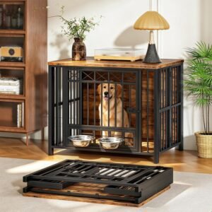 HOOBRO Foldable Dog Crate Furniture with 360° Rotating Double Bowls, Dog Crate End Table, Foldable for Travel, Holds 110 lb, for Small to Medium Dogs, Rustic Brown and Black BF61GW03