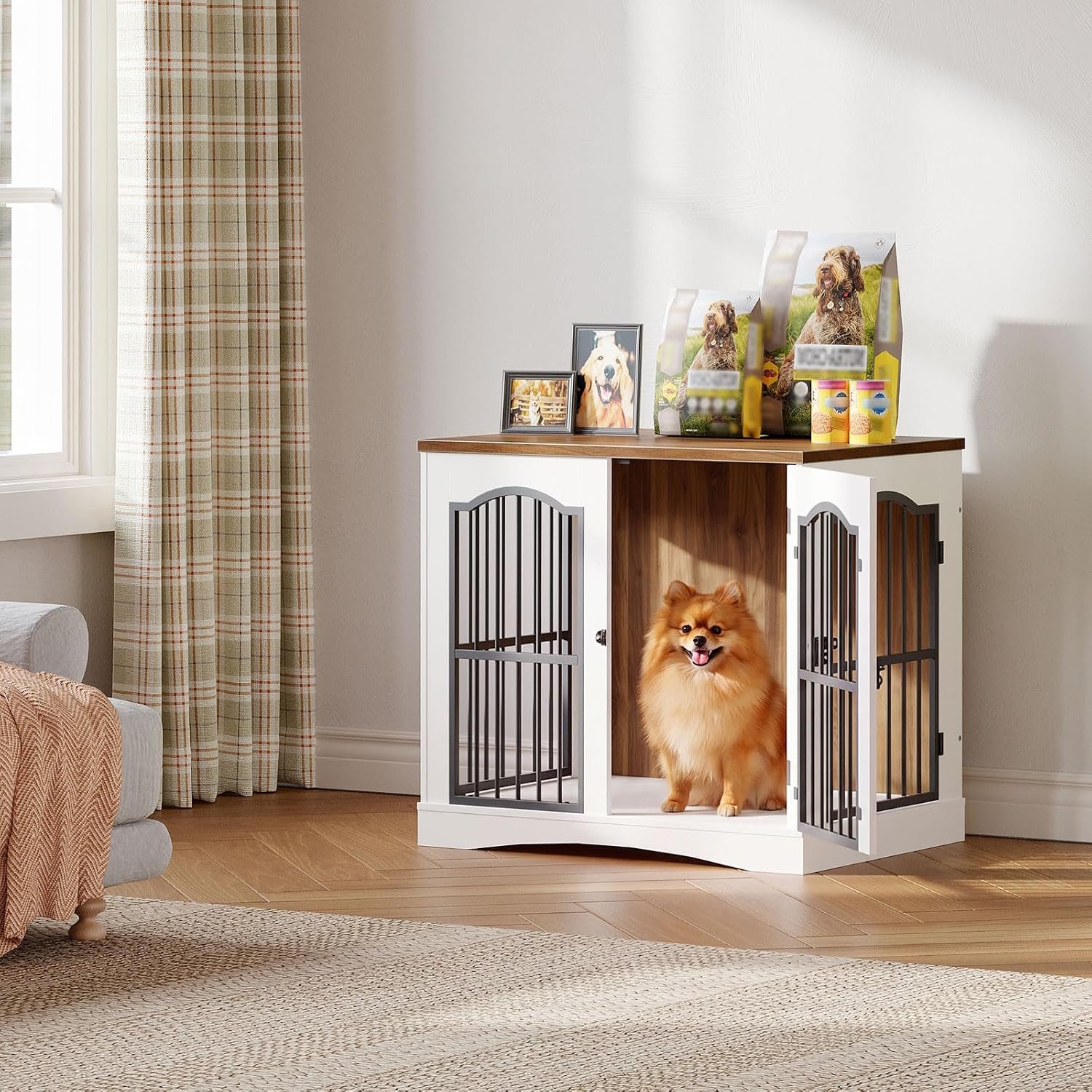 HOOBRO 26.8" Wooden Dog Crate Furniture, Heavy Duty Dog Crate Indoor with 3 Doors, Dog Cage for Small/Medium Dogs, Decorative Pet House Side End Table TV Stand, White and Walnut WH64GW03 - Image 7