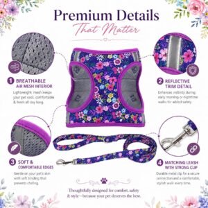 Alternative view of Step in Dog Harness Leash Set- All Weather Reflective No-Pull Floral Pattern Padded Mesh Vest Harness for Cats Puppy Extra-Small Small Medium Large Dogs - Dark Flower - XS