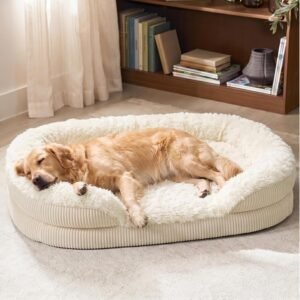 Fluffy Orthopedic Dog Beds Large Sized Dog, XL Egg-Crate Foam Bolster Sofa Bed with Washable Removable Waterproof Cover, Fluffy Plush Faux Fur Dog Bed with Non-Skid Bottom