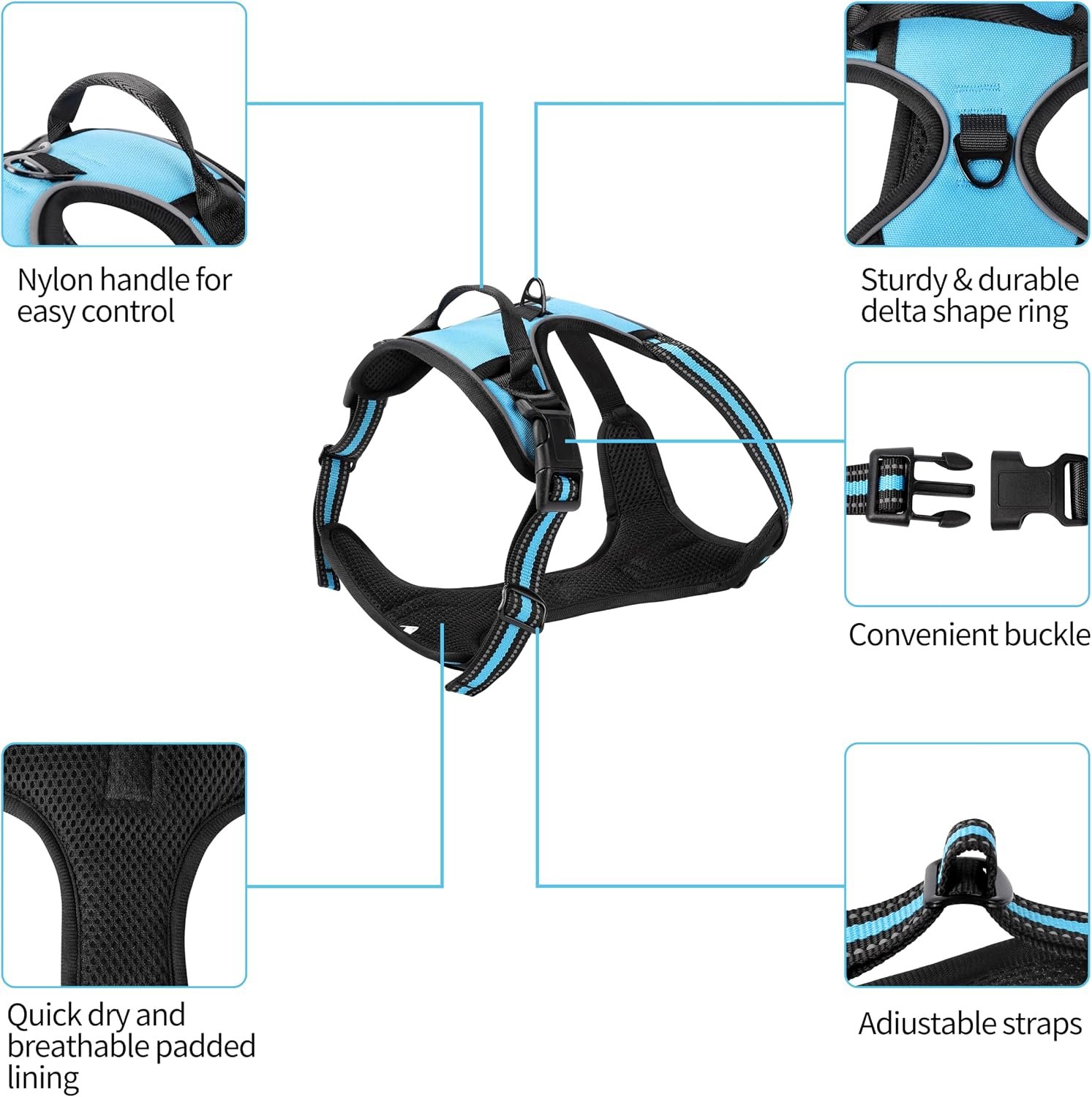 Blue No-Pull Dog Harness with 2 Leash Clips,Soft Padded Vest for Large Dog, Adjustable Reflective Dog Vest Easy to Put on and Take Off, (Neck: 17"~24", Chest: 24"~32",Blue L) - Image 3