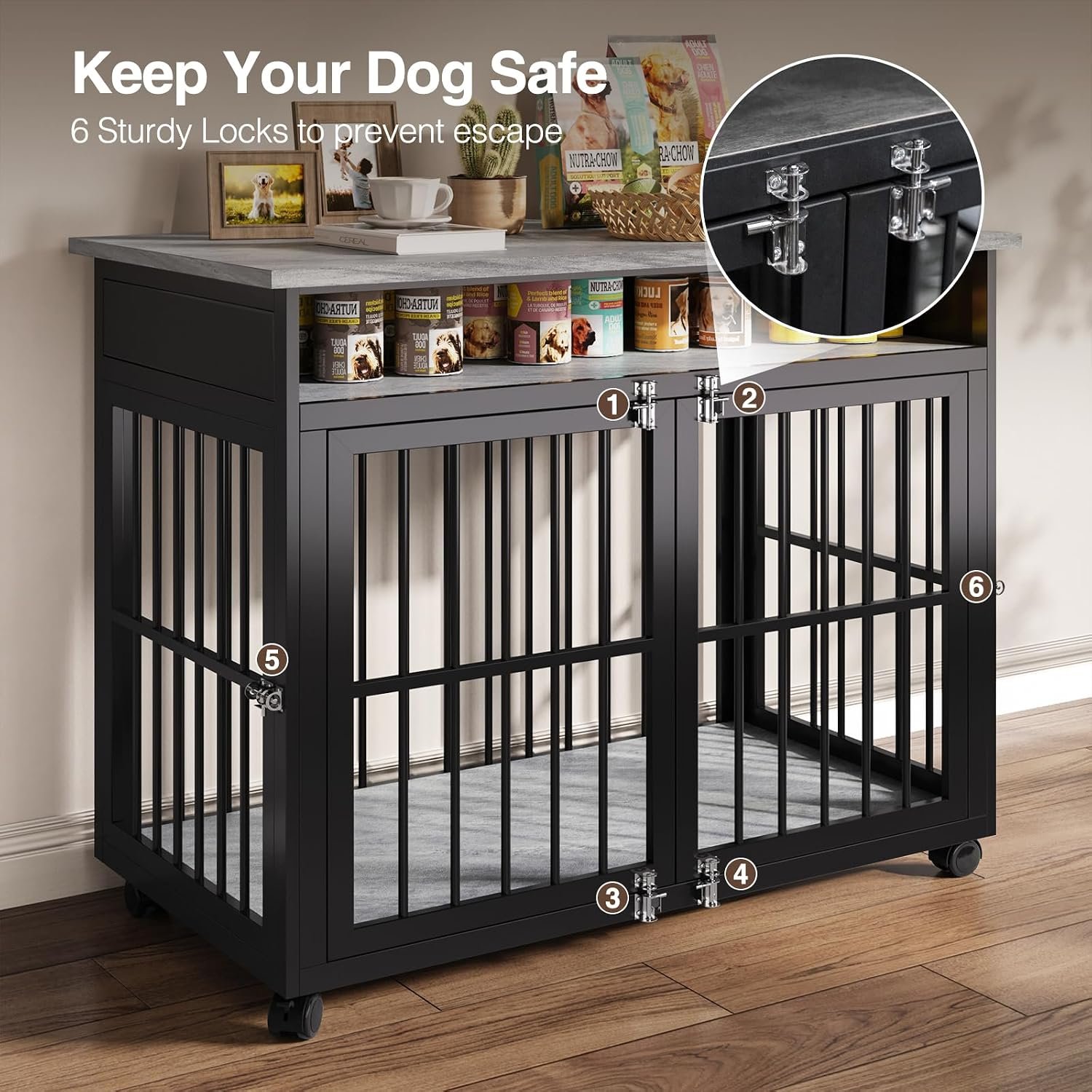 39.4" Dog Crate Furniture for Medium and Large Breed, Dog Kennel Furniture with Storage Shelf & Lockable Wheels, Heavy Duty Wooden End Side Table Pet Cage Indoor, Chew-Resistant, Grey - Image 4