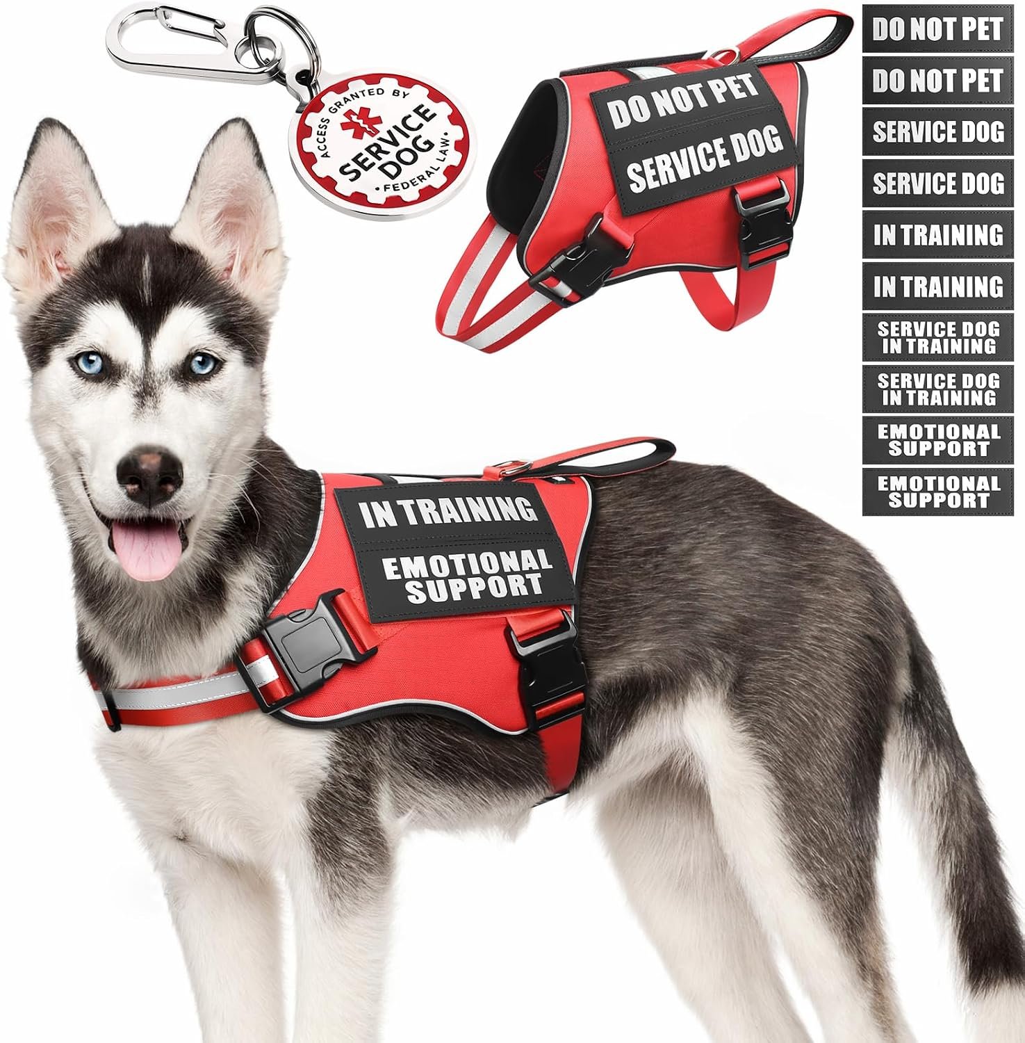 Service Dog Vest Harness+Metal ID Tag+10 Velcro Patches,Red Medium