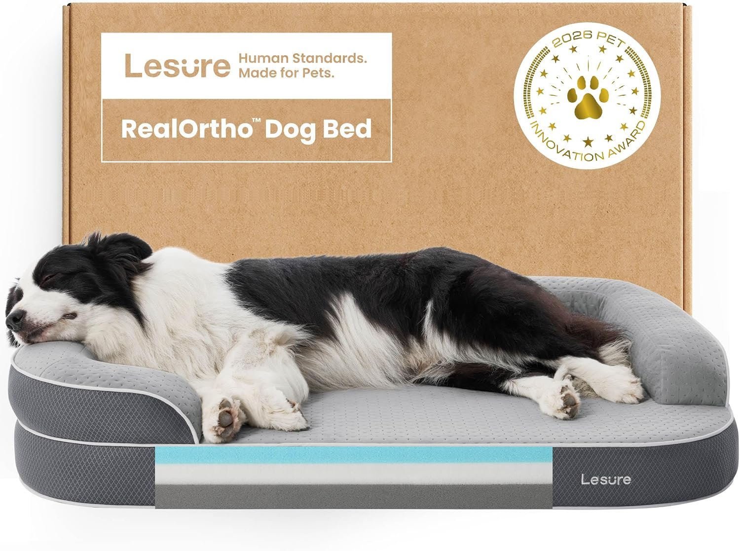 Lesure RealOrtho™ XL 3-Layer Orthopedic Dog Beds Large Sized Dog,42" Grey