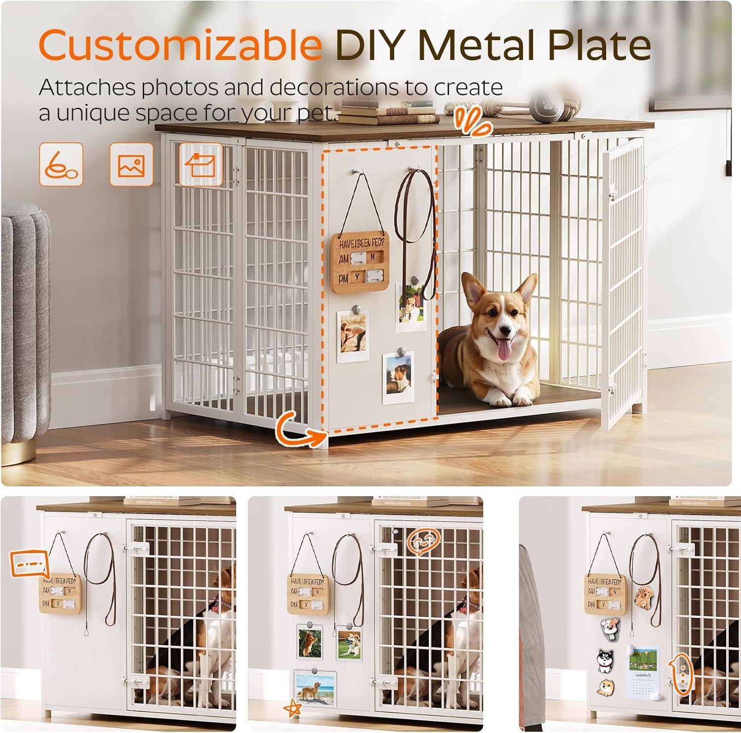 YATINEY Foldable Dog Crate Furniture, Dog Crate with DIY Frame, Heavy Duty Dog Kennel Indoor with Hooks, Wooden Dog Cage End Table, for Small/Medium Dogs, White and Walnut DC95WH - Image 4