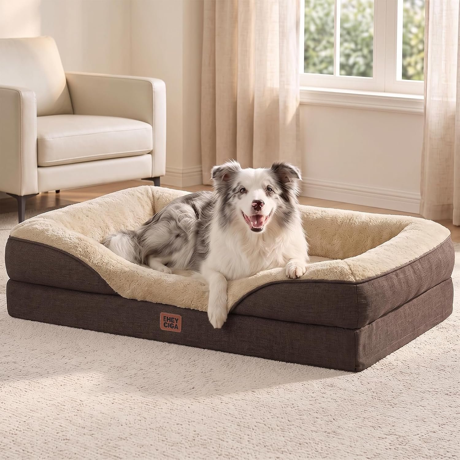 EHEYCIGA Orthopedic XL Dog Bed for Large Dog, Memory Foam Dog Couch, Brown
