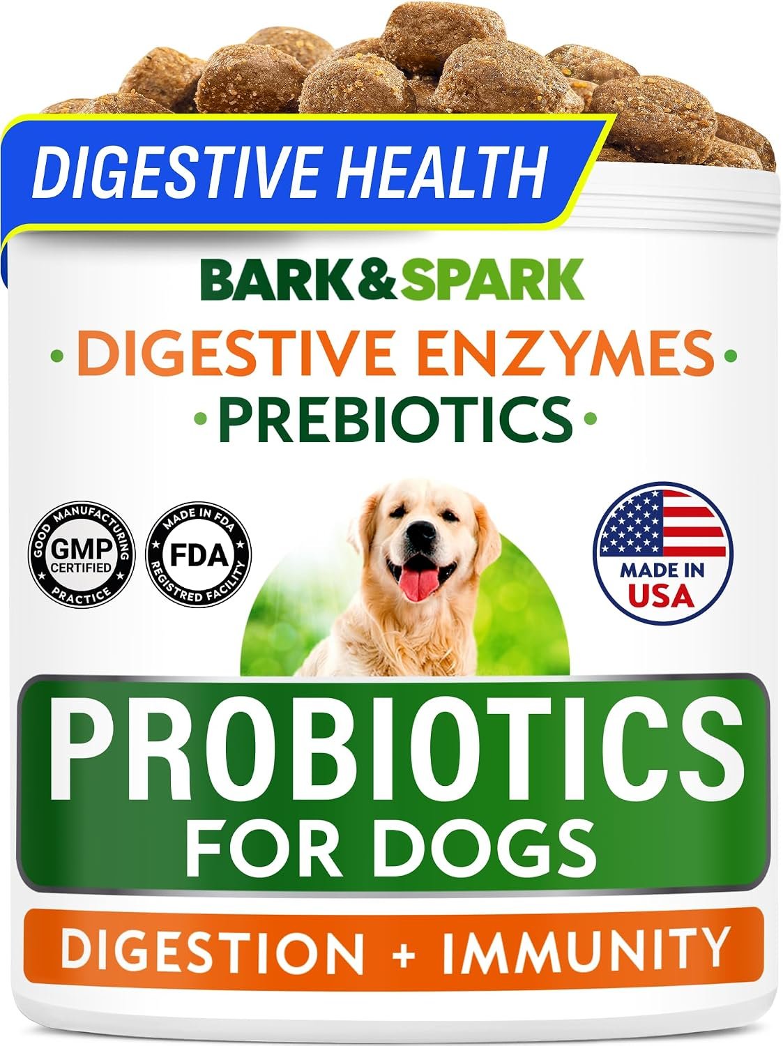 BARK&SPARK Probiotics for Dogs, Digestive Health Chews with Fiber & Enzymes