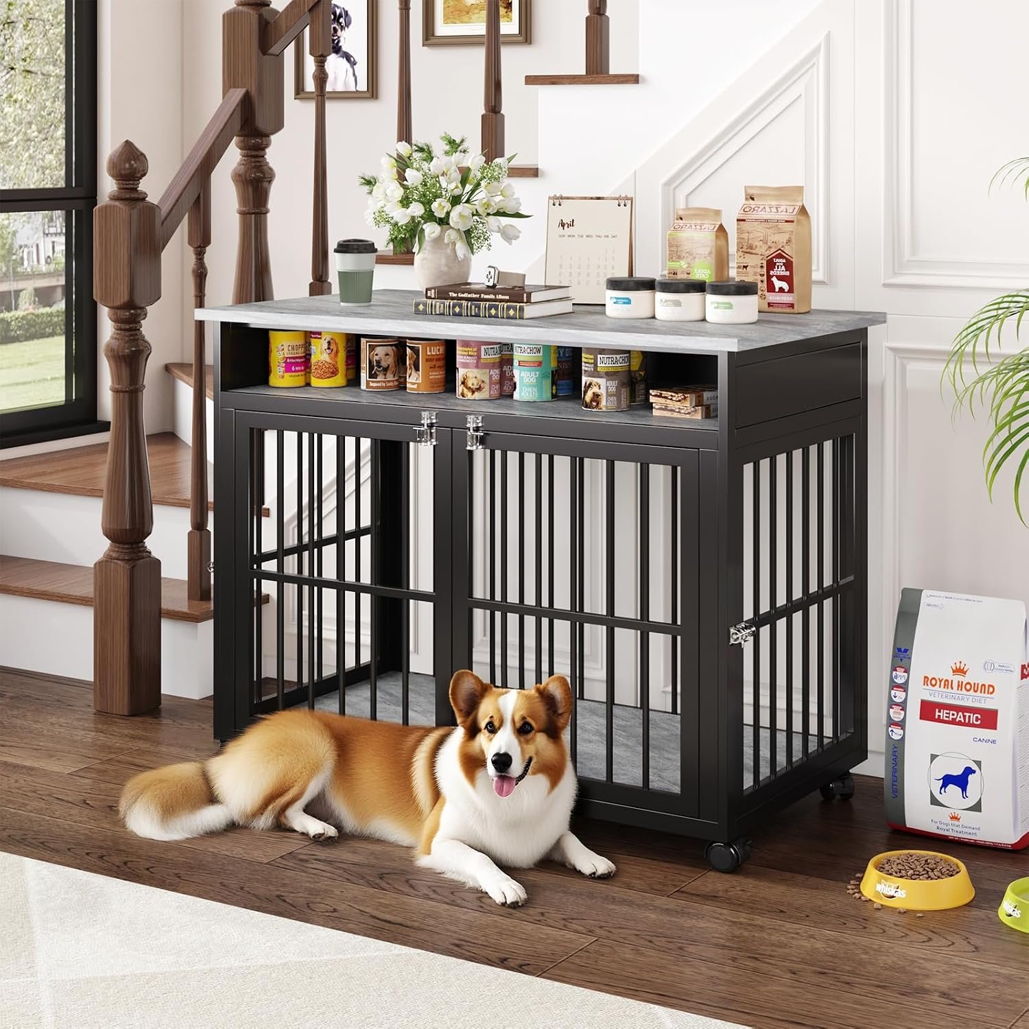 39.4" Dog Crate Furniture for Medium and Large Breed, Dog Kennel Furniture with Storage Shelf & Lockable Wheels, Heavy Duty Wooden End Side Table Pet Cage Indoor, Chew-Resistant, Grey - Image 8