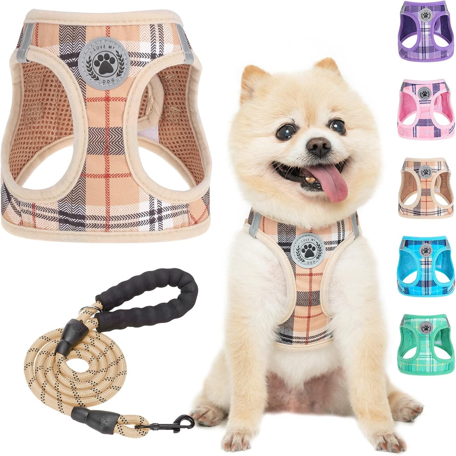 Small Dog Harness and Leash Set, No Pull Puppy Pet Vest- Beige, S