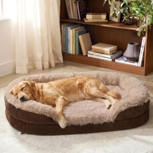 Fluffy Orthopedic Dog Beds Large Sized Dog, XL Egg-Crate Foam Bolster Sofa Bed with Washable Removable Waterproof Cover, Fluffy Plush Faux Fur Dog Bed with Non-Skid Bottom