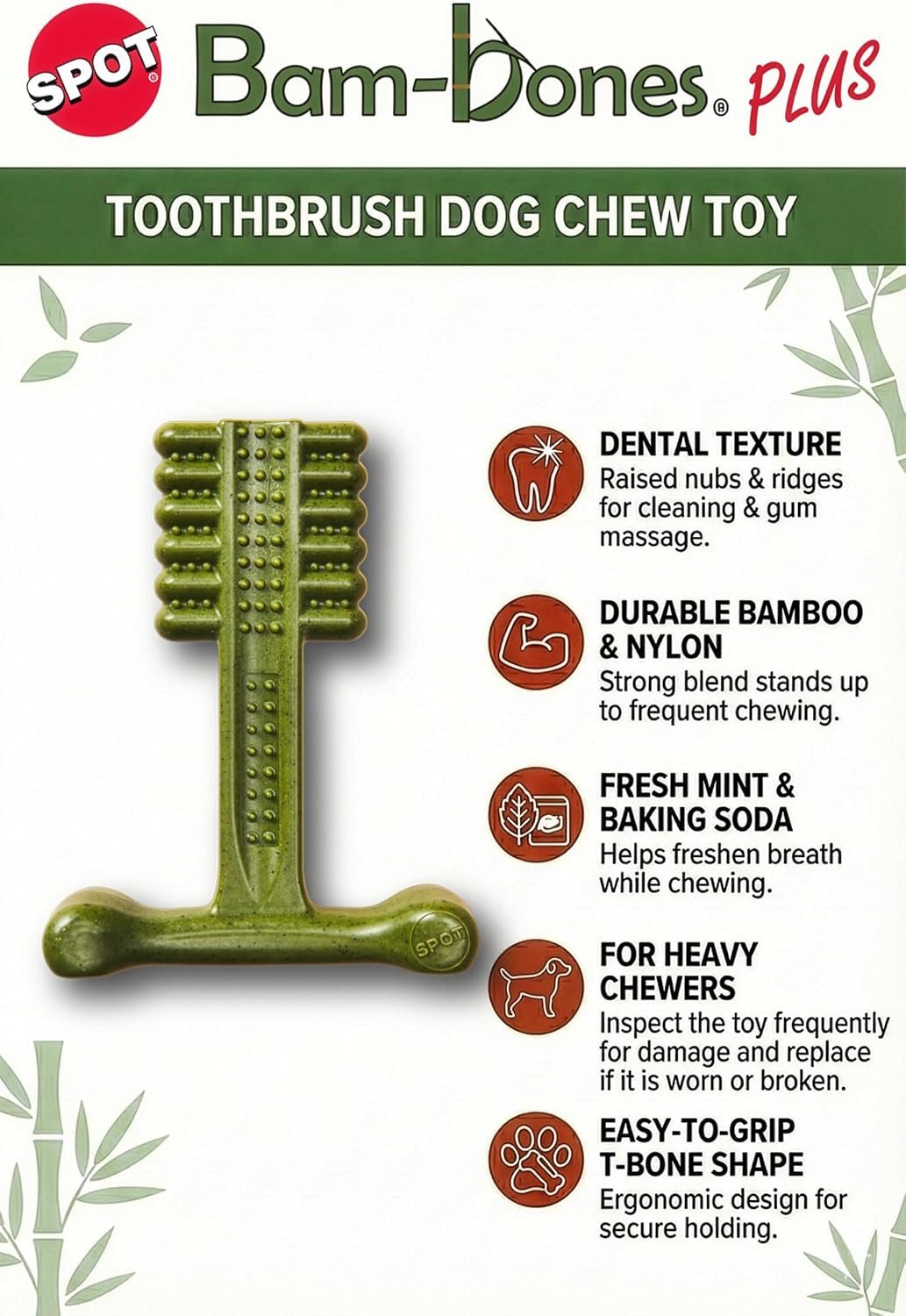 SPOT Bam-Bones Plus Toothbrush Dog Chew Toy for Small Dogs 10–30 lbs, Bamboo & Nylon Dental Chew with Mint & Baking Soda, Cleans Teeth & Freshens Breath, for Moderate to Heavy Chewers, 4 Inch - Image 2