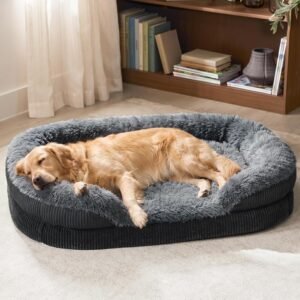 Fluffy Orthopedic Dog Beds Large Sized Dog, XL Egg-Crate Foam Bolster Sofa Bed with Washable Removable Waterproof Cover, Fluffy Plush Faux Fur Dog Bed with Non-Skid Bottom