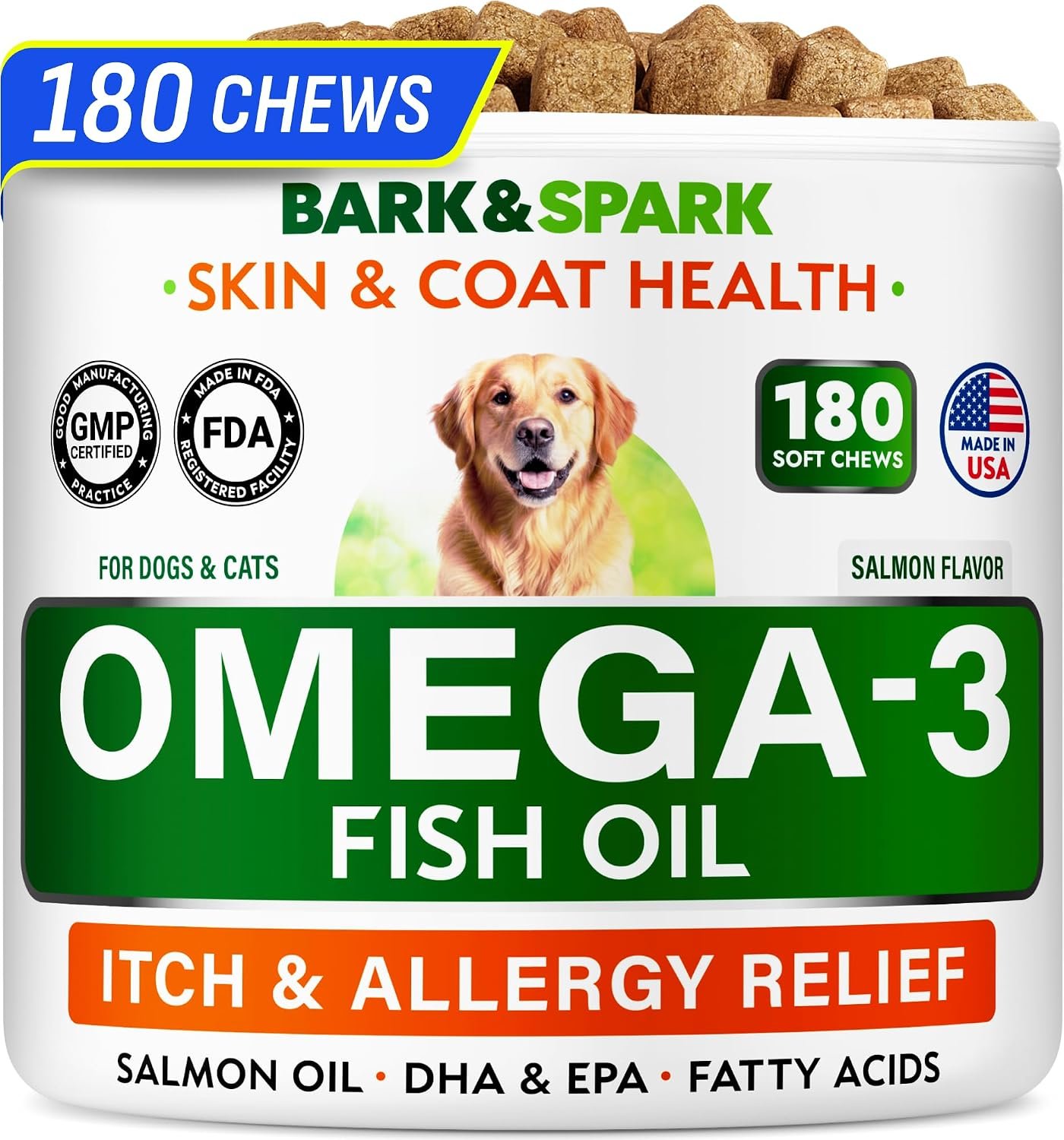 BARK&SPARK Fish Oil Omega 3 for Dogs - Skin & Coat, Itch&Allergy Support