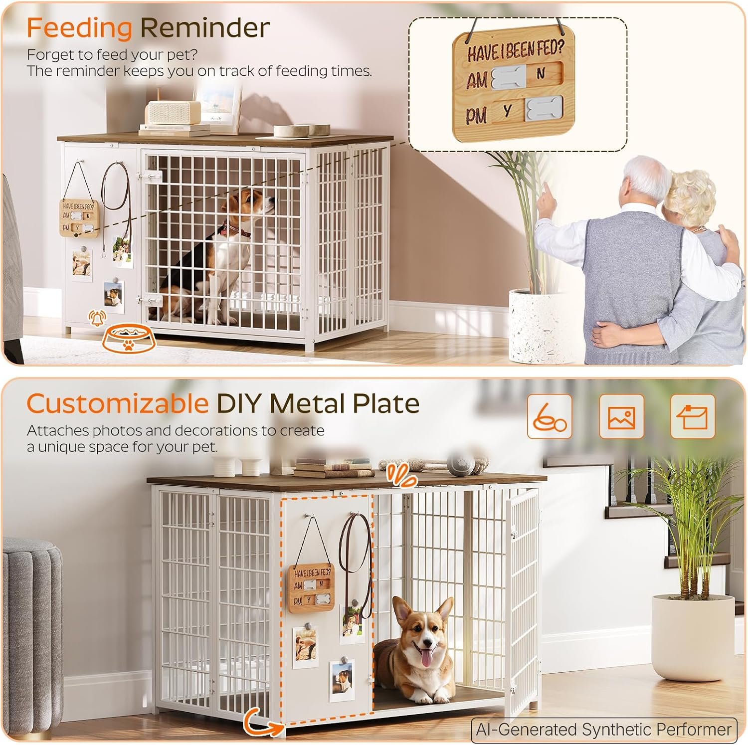 YATINEY Foldable Dog Crate Furniture, Dog Crate with DIY Frame, Heavy Duty Dog Kennel Indoor with Hooks, Wooden Dog Cage End Table, for Small/Medium Dogs, White and Walnut DC95WH - Image 3