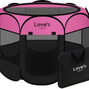 Love's cabin Pet Puppy Dog Playpen, Medium Dog Tent Crates Cage Indoor/Outdoor, Portable Playpen for Cat, Foldable Pop Up Dog Kennel Playpen with Carring Case, Removable Zipper Top, Pink
