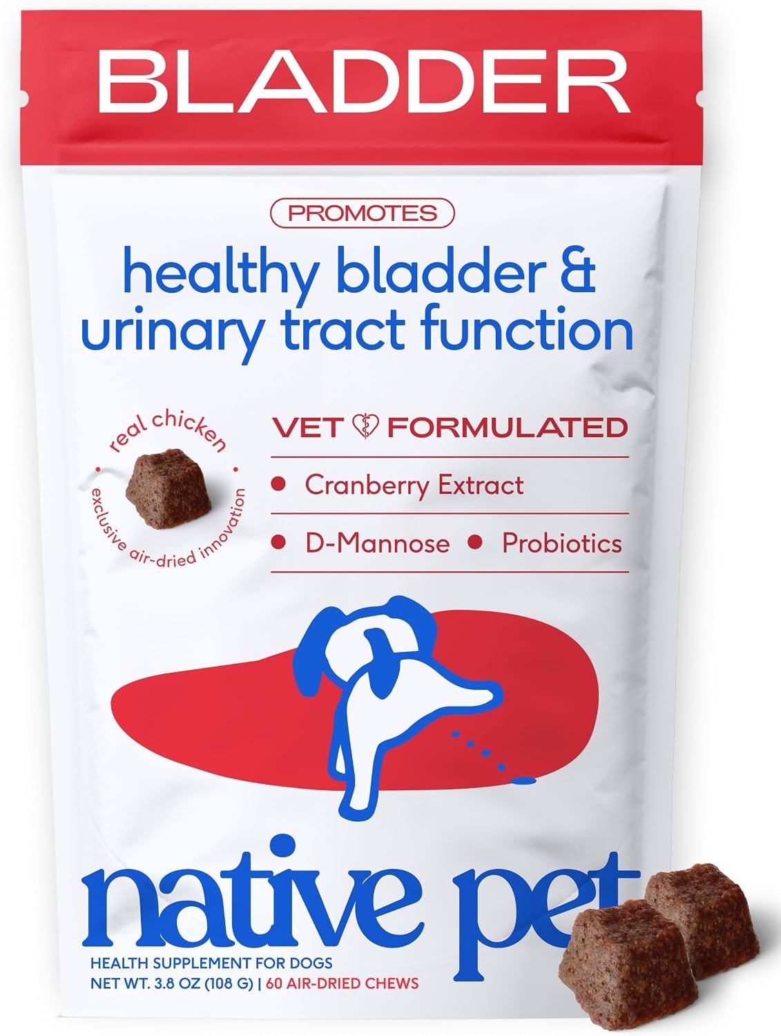 Native Pet Dog UTI Treatment - Cranberry Supplement for Dogs Bladder Control & Kidney Support - Prevent Urinary Tract Infection and Urinary Incontinence - Made with Real Cranberry Extract - 60 Chews